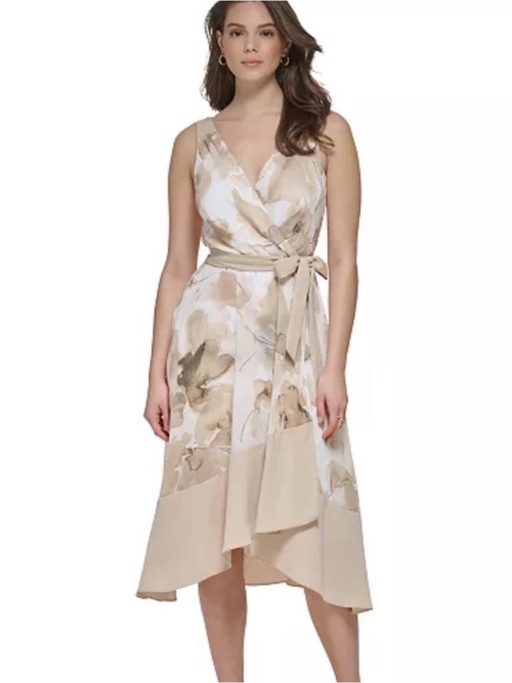 Sleeveless Floral Wrap Midi Dress in Beige by